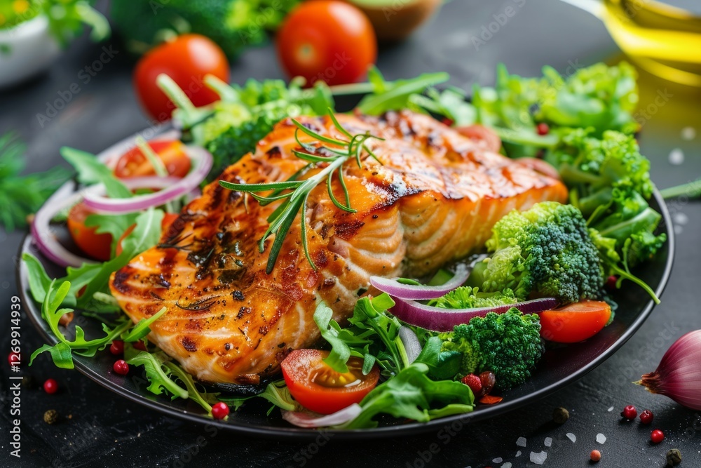 Grilled salmon on fresh vegetable salad. Neural network AI generated Grilled salmon on fresh vegetable salad. Neural network AI generated