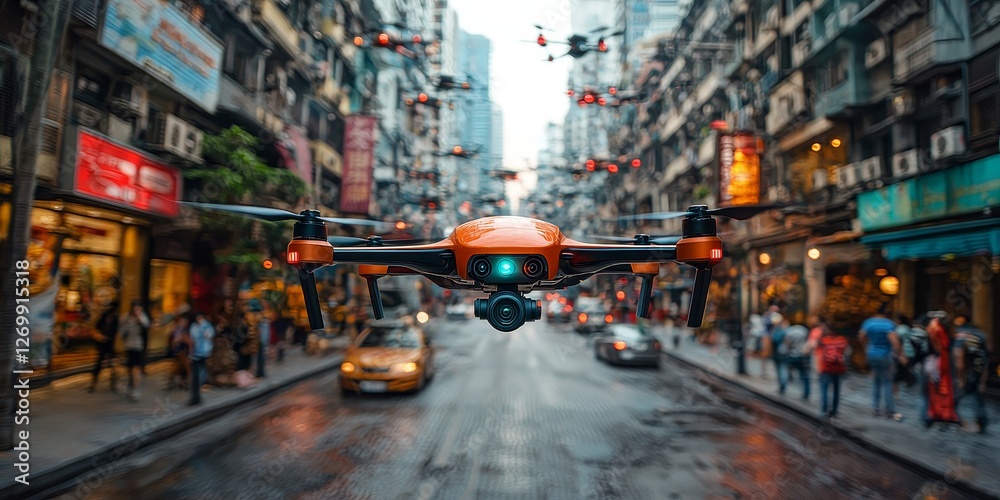 Obraz premium Skyborne Delivery: Drones Navigating Futuristic Downtown Skyscrapers 