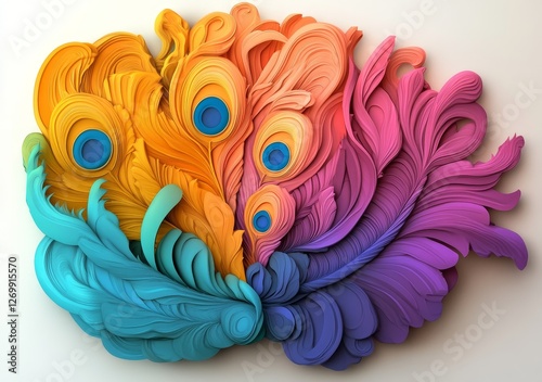 A colorful peacock bird feather is depicted in an artistic representation, referred to as krishna mor pankh or mor pankha, showcasing its beauty