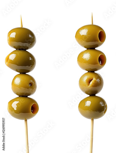 Green olives on a wood skewer stick. Isolated on transparent background.