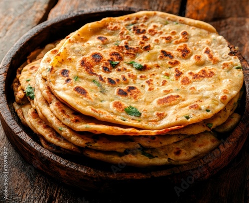 A wooden background showcases an assortment of traditional South Indian breakfast items, such as ghee dosa, uttappam, medhu vada, pongal, podi idly, and accompanying chutney, highlighting Indian photo