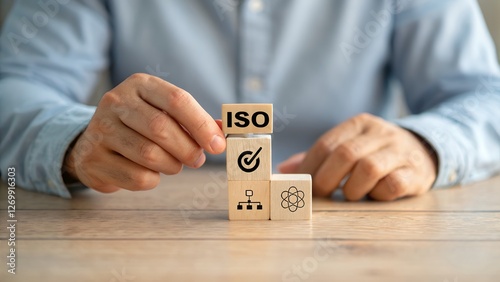 Building a Strong Foundation: Businessmen Collaborate on ISO Quality Control, Achieving Excellence Through Teamwork and Standardized Processes. Wooden Blocks   