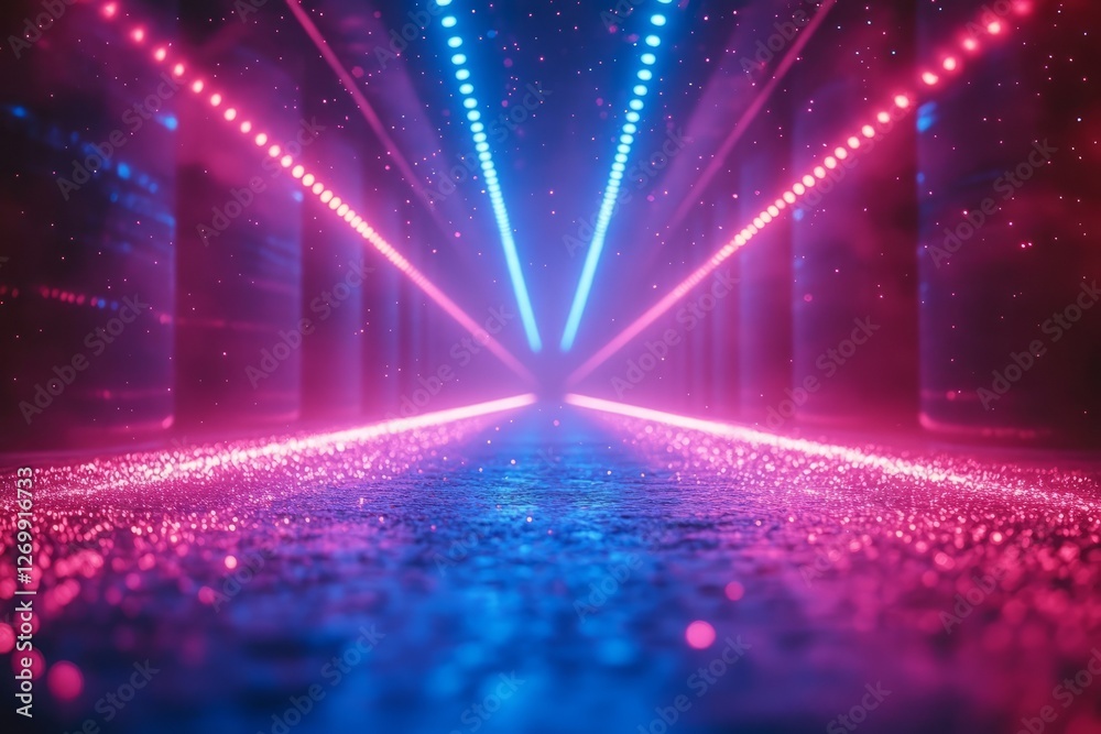 Obraz premium Vibrant neon laser beams in blue and purple colors on a dark background, a futuristic digital art vector illustration. Neon glow effect for an energetic concept banner or party
