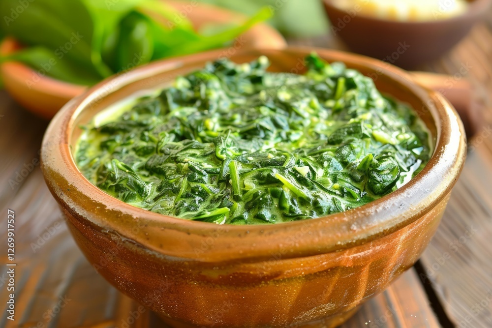 Creamy spinach dip in rustic bowl. Neural network AI generated Creamy spinach dip in rustic bowl. Neural network AI generated