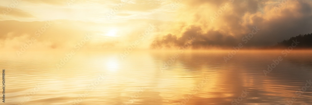 Golden Sunrise Over Misty Lake With Distant Trees Golden Sunrise Over Misty Lake With Distant Trees