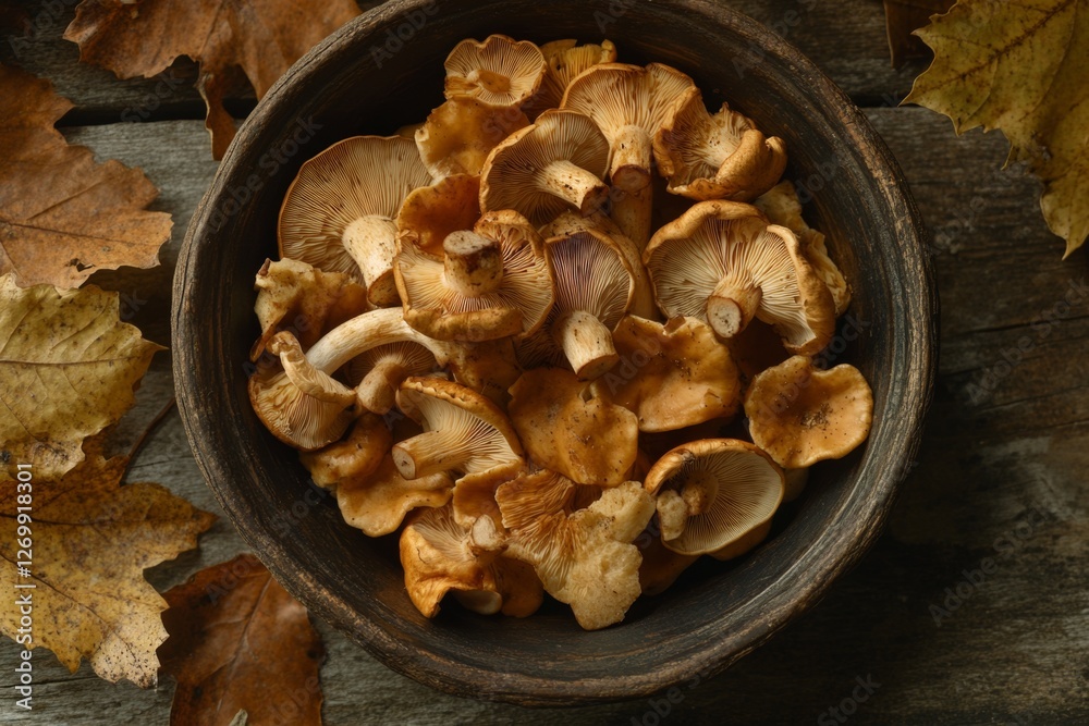 Golden Chanterelle Mushrooms in Rustic Bowl Autumn Harvest Abundance Golden Chanterelle Mushrooms in Rustic Bowl Autumn Harvest Abundance