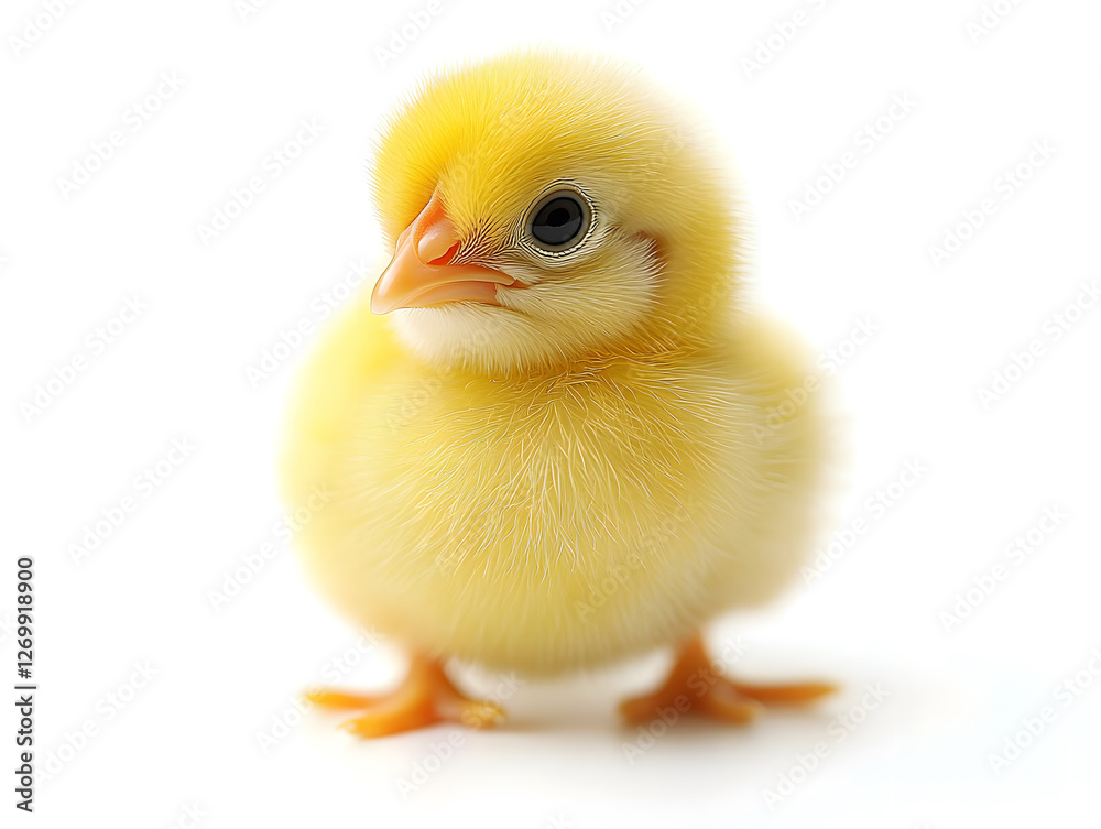 Obraz premium Cute Chicken With Soft Feathers Sits on a White Background Showcasing Its Adorable Features and Vibrant Colors, Capturing the Essence of a Young Bird's Charm
