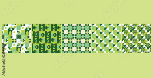 A modern Bauhaus-inspired seamless pattern bundle featuring bold geometric shapes and primary colors, perfect for fabric, wallpaper, packaging, and contemporary design projects.