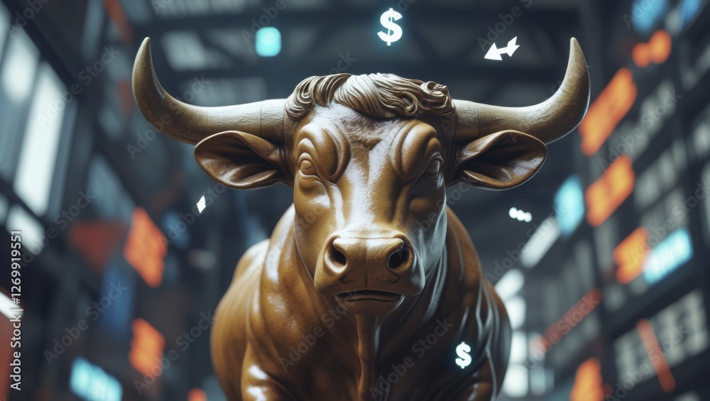 Bull and Financial Symbols Illustration Representing a Strong and Growing Market, Featuring Dollar Signs, Stock Charts, and Upward Arrows, Generative AI Bull and Financial Symbols Illustration Representing a Strong and Growing Market, Featuring Dollar Signs, Stock Charts, and Upward Arrows, Generative AI