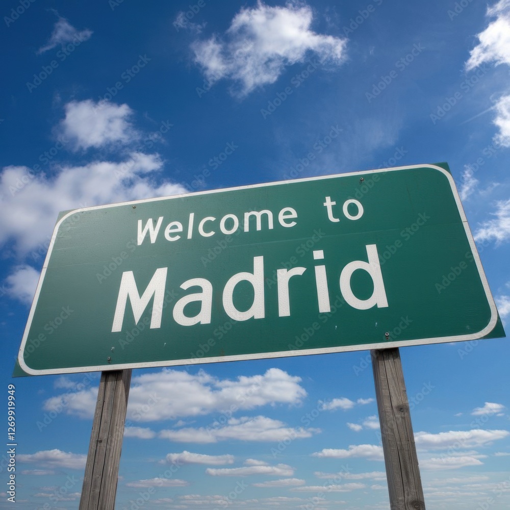 Green Road Sign Welcome in Madrid – Spain