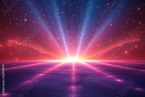 Vibrant neon laser beams in blue and purple colors on a dark background, a futuristic digital art vector illustration. Neon glow effect for an energetic concept banner or party