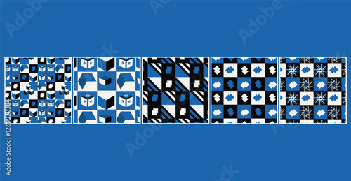 A modern Bauhaus-inspired seamless pattern bundle featuring bold geometric shapes and primary colors, perfect for fabric, wallpaper, packaging, and contemporary design projects.