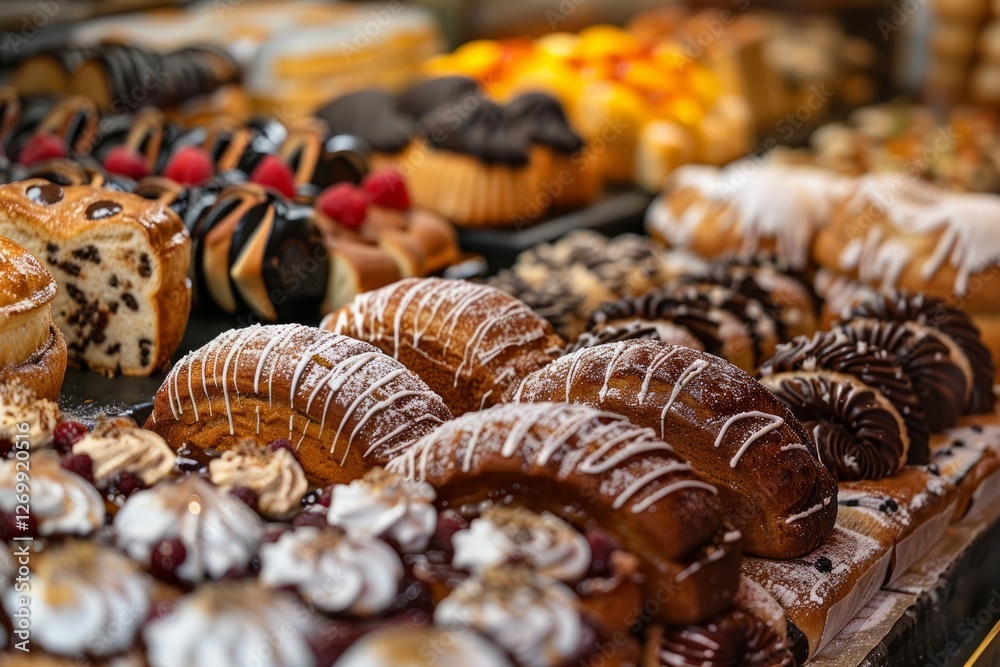 Assorted breads displayed, brown tones, overhead light. Neural network AI generated