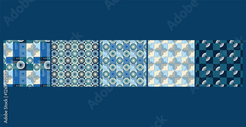 A modern Bauhaus-inspired seamless pattern bundle featuring bold geometric shapes and primary colors, perfect for fabric, wallpaper, packaging, and contemporary design projects.