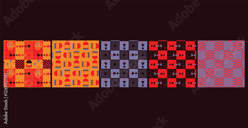 A modern Bauhaus-inspired seamless pattern bundle featuring bold geometric shapes and primary colors, perfect for fabric, wallpaper, packaging, and contemporary design projects.