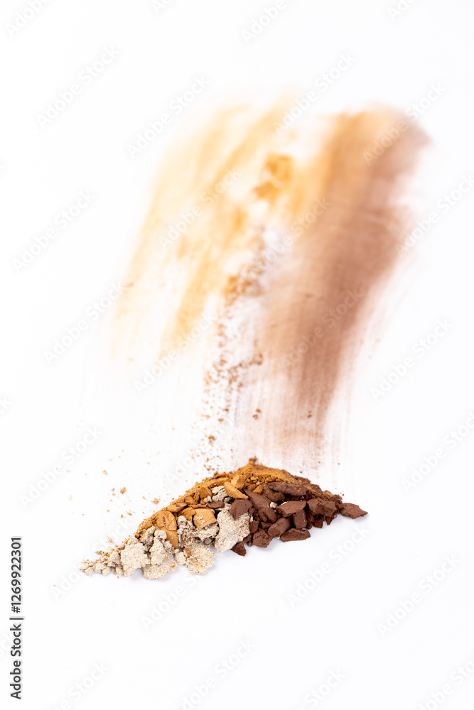 Naklejka premium A Colorful Display of Various Spices and Powders Showcased on a Clean White Background Highlighting Natural Textures and Vibrant Hues for Culinary Inspiration and Creativity