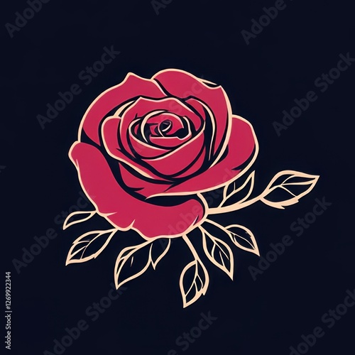 A logo in vector style, featuring a rose with an outline, simple line art, in red and gold colors on a dark blue background.