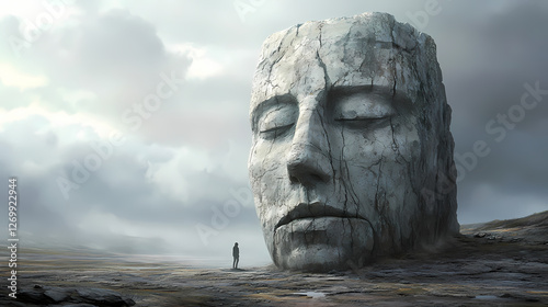 The colossus of whispers: a lone figure confronts an immense, weathered stone face rising from a desolate landscape under a brooding sky. Whispering Stone Faces. Illustration