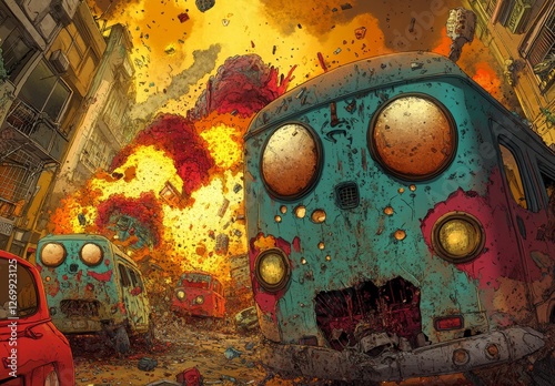 Old vintage car crash illustration in a collage cutout style, with a retro classic vehicle accident on a yellow background