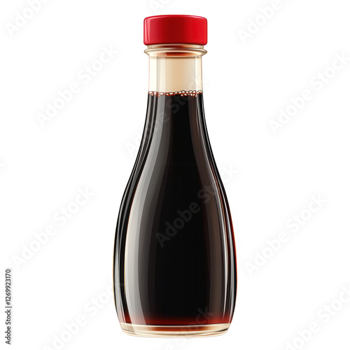 artistic digital illustration of a soy sauce bottle, red cap, sleek and minimal design, transparent background, PNG