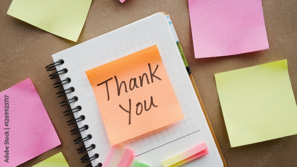 A notepad displays a thank you note surrounded by sticky notes A notepad displays a thank you note surrounded by sticky notes
