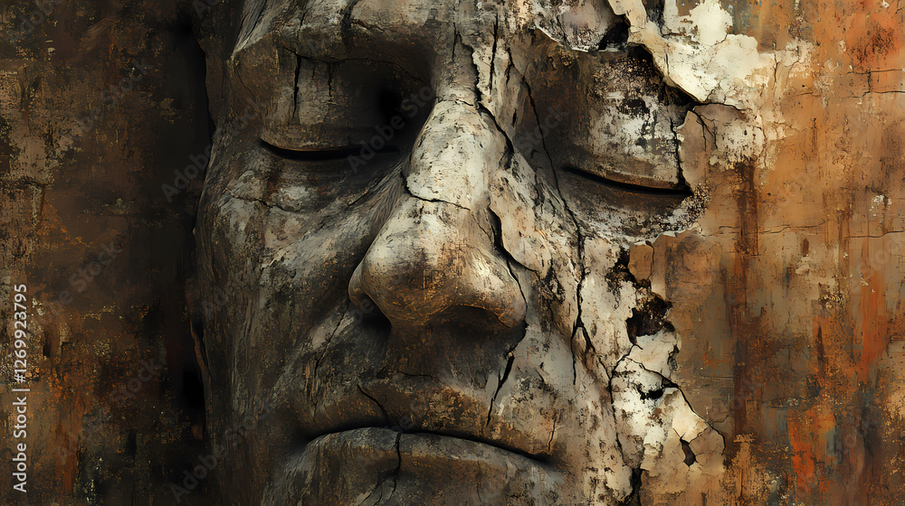 Wistful, close-up portrait of a worn, fading stone statue's ancient face, weathered by time, with fragmented features. Whispering Stone Faces. Illustration Wistful, close-up portrait of a worn, fading stone statue's ancient face, weathered by time, with fragmented features. Whispering Stone Faces. Illustration