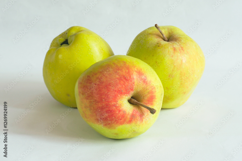 Fresh red and yellow apple resting on white surface with two apples in background Fresh red and yellow apple resting on white surface with two apples in background