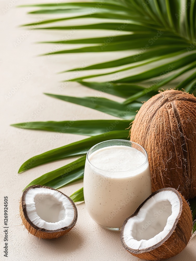 Fresh coconut milk served in a glass with a straw on a wooden table in a bright setting Fresh coconut milk served in a glass with a straw on a wooden table in a bright setting