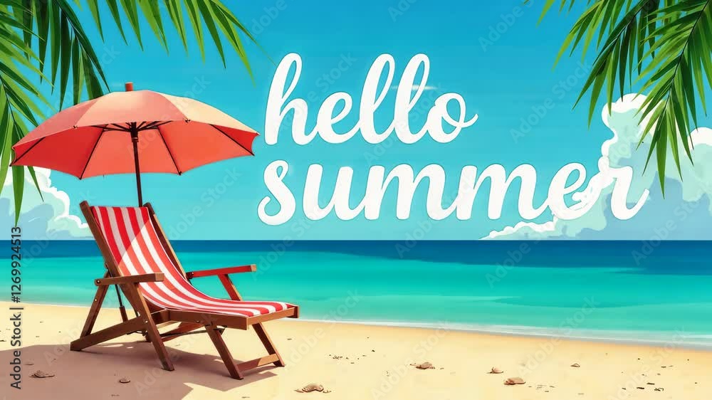 Summer hello vector banner set. Hello summer text beach time with chair and umbrella decoration elements in blue sky background collection. Vector illustration summer greeting invitation banner