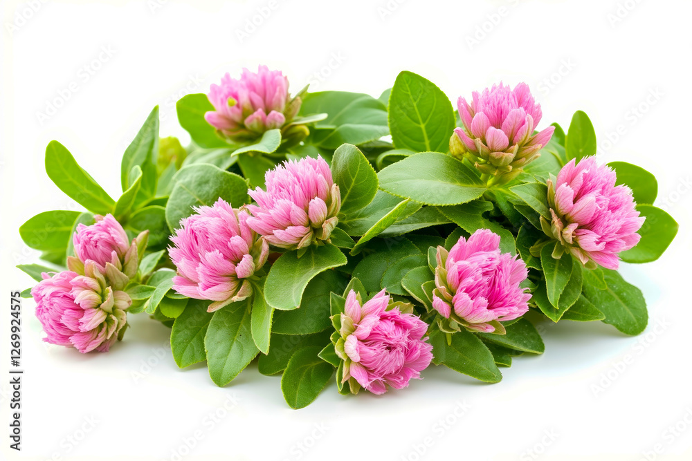A bunch of pink flowers with green leaves on a white background A bunch of pink flowers with green leaves on a white background