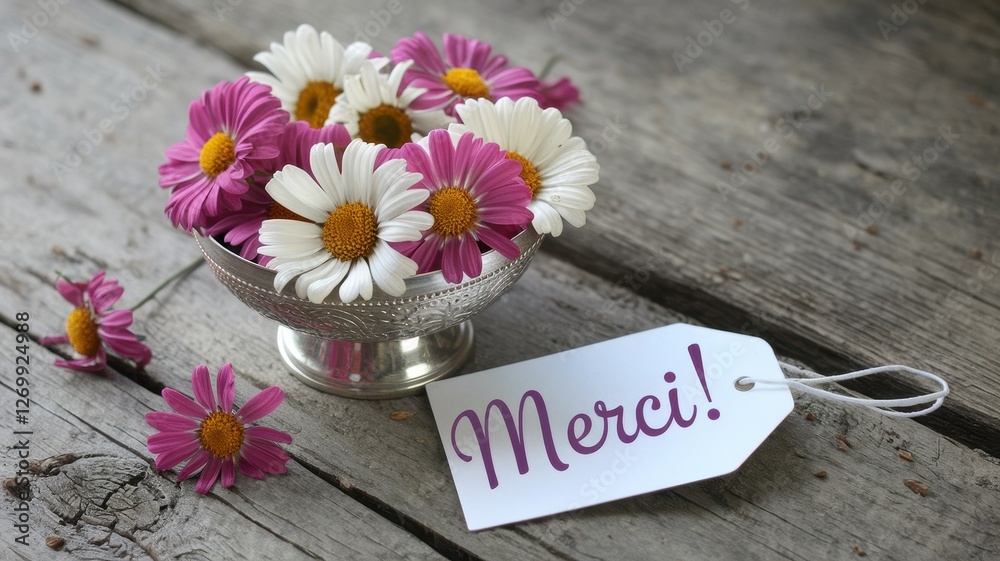 Pink and white daisies arranged in a silver bowl Pink and white daisies arranged in a silver bowl
