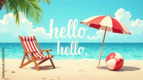 Hello hello vector banner set. Hello summer text beach time with chair and umbrella decoration elements in blue sky background collection. Vector illustration summer greeting invitation banner