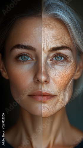 The image is a side-by-side comparison of a woman's face. Old versus young face