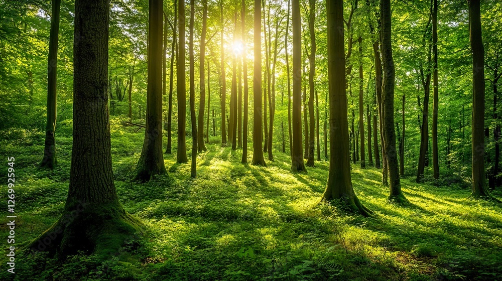 Lush green forest environment with towering trees. Lush green forest environment with towering trees.