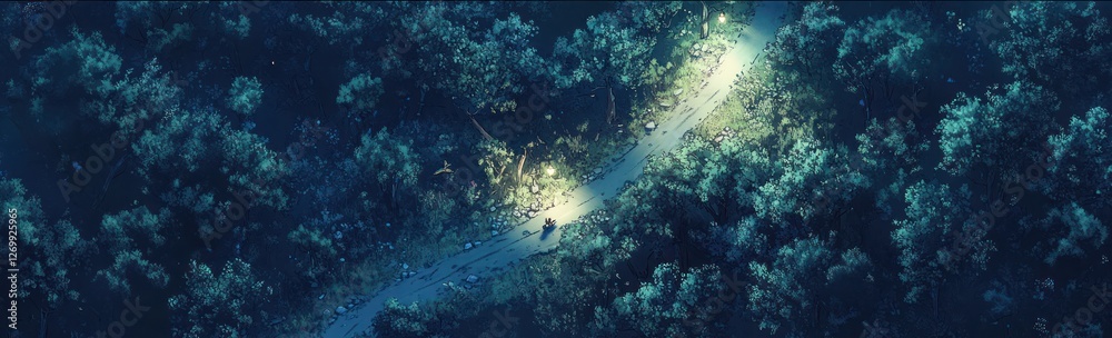 Fototapeta premium Nighttime Forest Path Illuminated With Lights