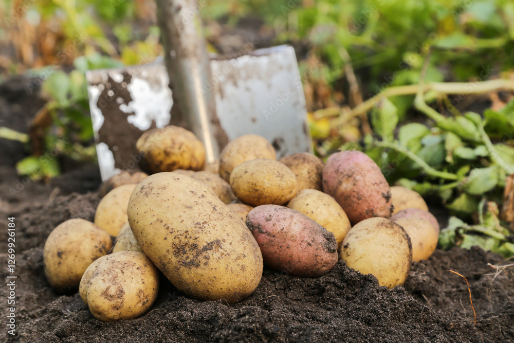 Organic potato harvest close up macro. Bunch of freshly harvested dirty potato with shovel on soil in farm garden Organic potato harvest close up macro. Bunch of freshly harvested dirty potato with shovel on soil in farm garden