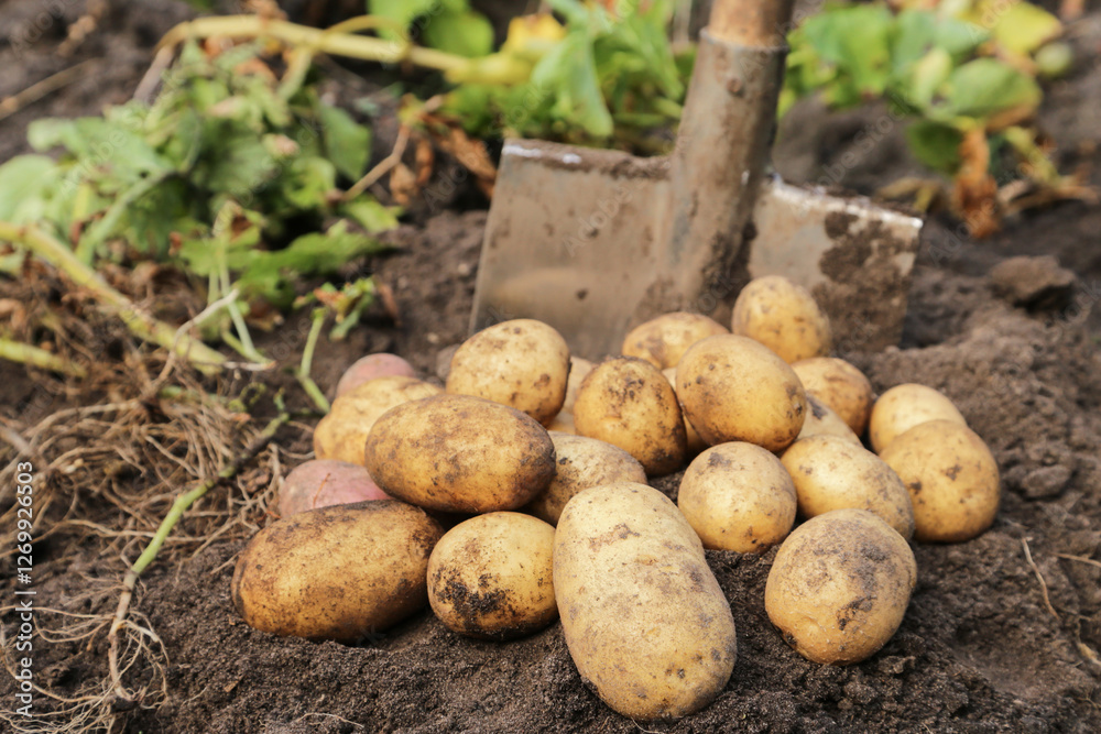 Organic potato harvest close-up. Bunch of freshly harvested dirty yellow potato with shovel on soil in farm garden Organic potato harvest close-up. Bunch of freshly harvested dirty yellow potato with shovel on soil in farm garden