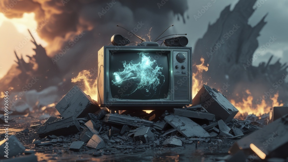 custom made wallpaper toronto digitalPost-Apocalyptic Wasteland with Old Television Set on Rubble, Line Art with Colour Splash, Fire and Ice, and Ultra-Detailed Artistic Design, Generative AI