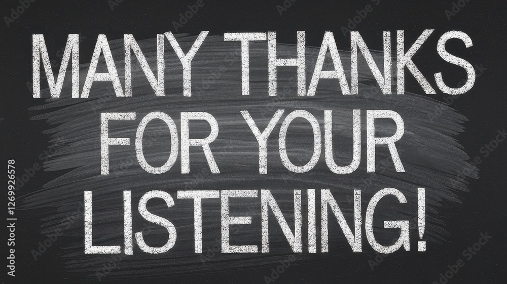Appreciation message written in chalk reads many thanks for listening Appreciation message written in chalk reads many thanks for listening