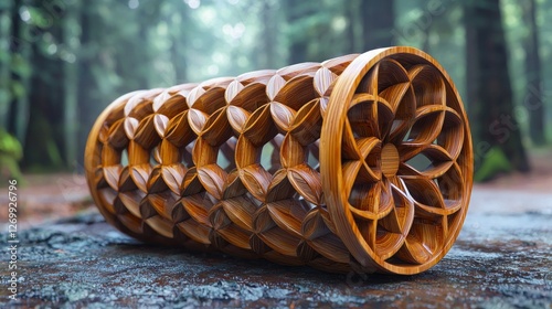 Intricate wooden cylinder, forest background, nature, art photo