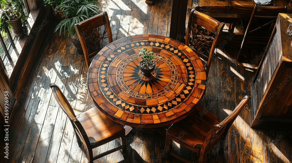 Obraz premium Intricate mosaic dining table, sunlit room, wooden chairs, plants