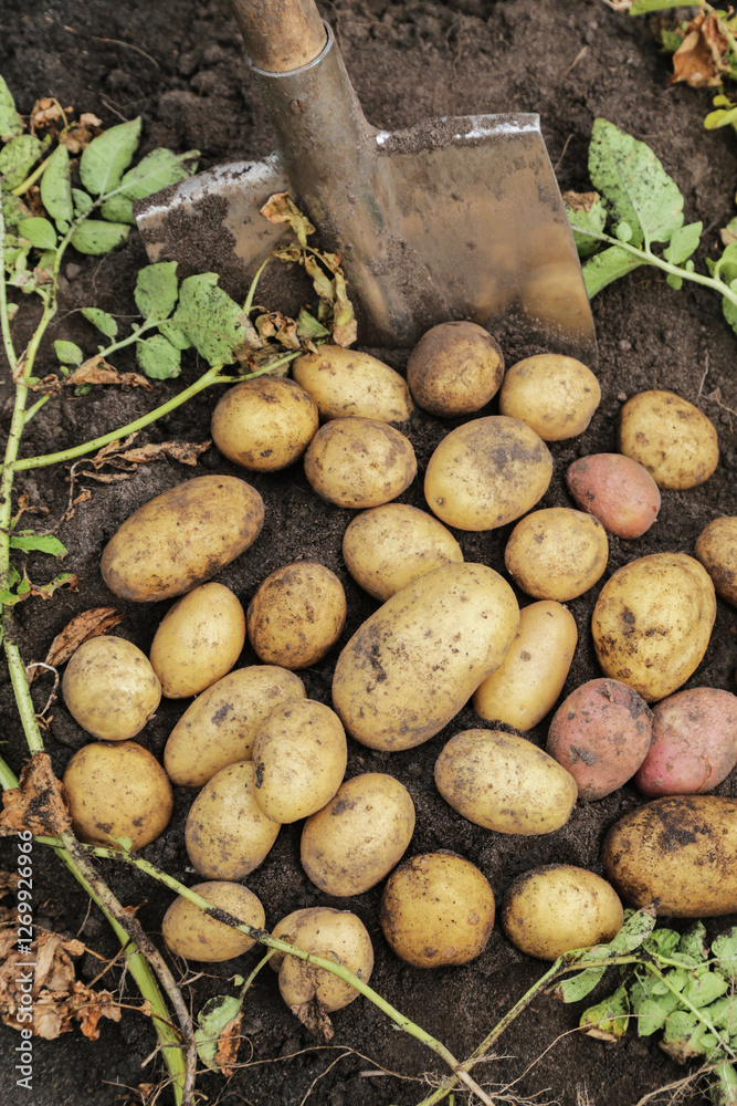 Organic potato harvest close up. Bunch of freshly harvested dirty potato with shovel on soil ground in garden Organic potato harvest close up. Bunch of freshly harvested dirty potato with shovel on soil ground in garden