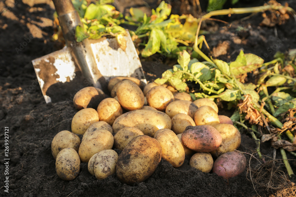 Organic potato harvest close up on sun in sunlight. Bunch of freshly harvested dirty potato with shovel on soil in farm garden Organic potato harvest close up on sun in sunlight. Bunch of freshly harvested dirty potato with shovel on soil in farm garden