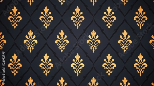 Seamless pattern featuring golden florentines on a solid black background for design projects