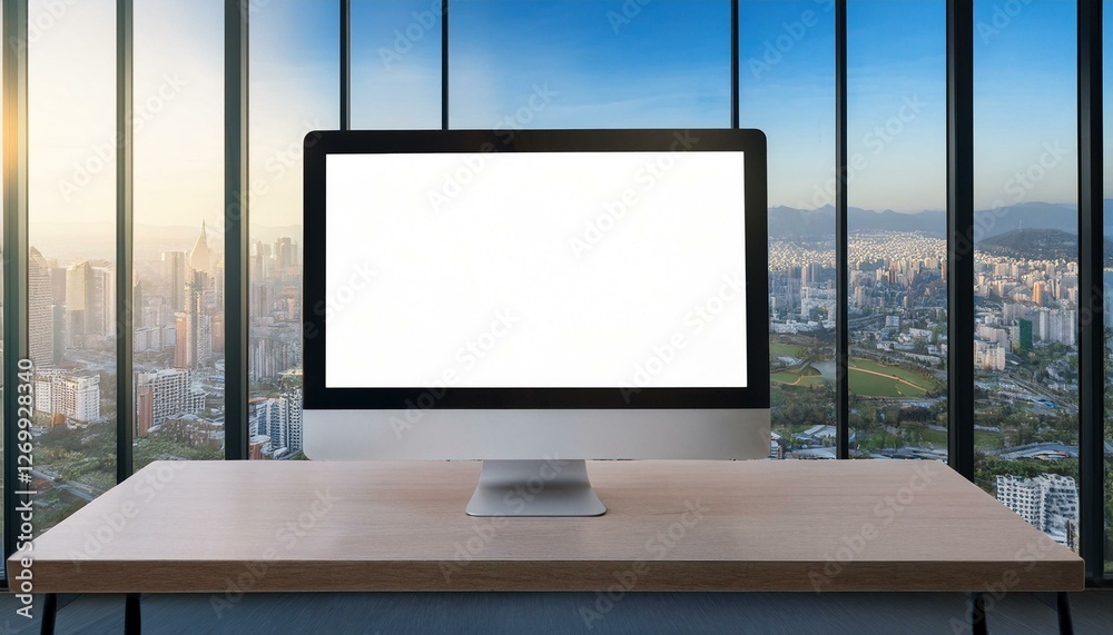 Fototapeta premium blank computer screen in a room city view from window