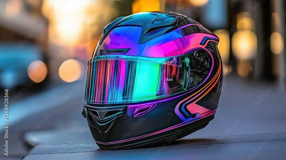 Fototapeta premium Iridescent motorcycle helmet on city street, sunset