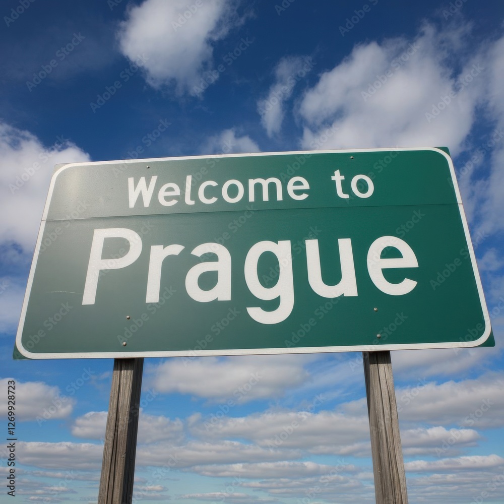 Green Road Sign Welcome in Prague – Czech Republic Green Road Sign Welcome in Prague – Czech Republic