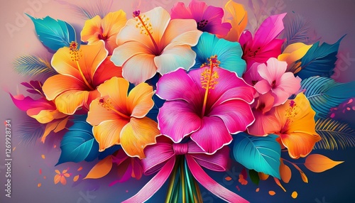 vibrant bouquet of colorful hibiscus flowers tied with a pink ribbon