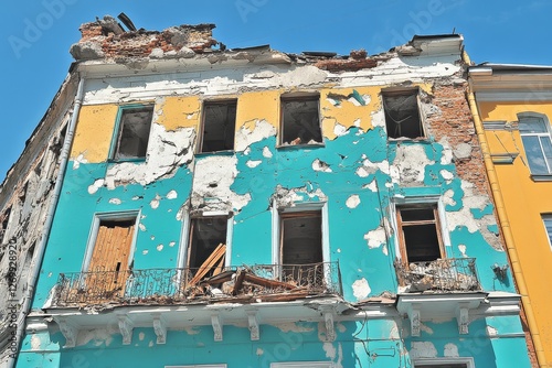 The process of tearing down a house, with its damaged walls and wooden floors, evokes themes of war, displacement, and rebuilding photo