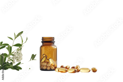 Natural wellness captured in an elegant amber bottle with herbal capsules and fresh greenery isolated on transparent background